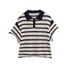 Loose striped design short sleeved lapel knit T-shirt for women